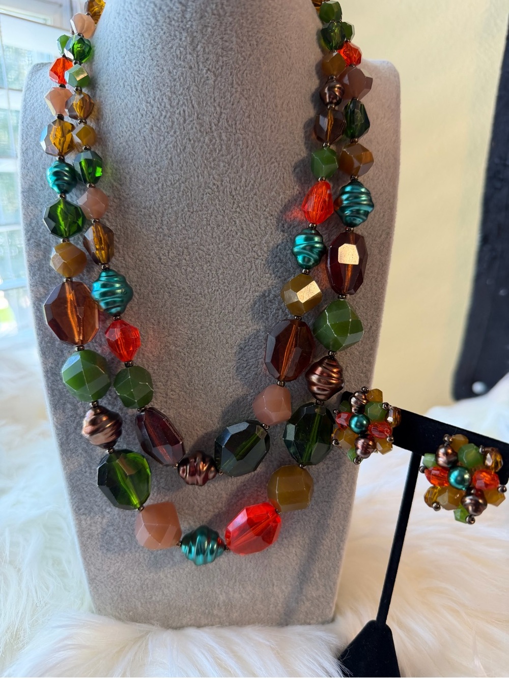 Germany Multicolor Glass Bead Double-Strand Necklace with Matching Earrings